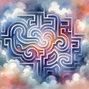 "Aquarelle abstraite représentant un labyrinthe, symbole de la complexité des biais cognitifs. Cette œuvre illustre comment le coaching de vie aide à naviguer à travers ces défis mentaux, soulignant l'importance de la psychologie cognitive dans le développement personnel. Art aquarelle d'un labyrinthe complexe symbolisant la découverte des biais cognitifs, illustrant comment ces préjugés influencent notre pensée et notre comportement."