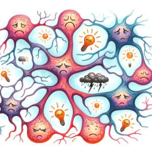 "Neurones en aquarelle affichant diverses émotions, avec des icônes d'ampoules et de nuages, illustrant humoristiquement le biais de négativité en psychologie cognitive. Utile en coaching pour identifier et gérer ses biais."