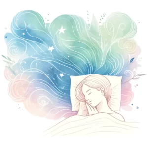 Illustration en aquarelle d'une personne dormant paisiblement, entourée de vagues d'énergie apaisantes et d'éléments naturels comme des étoiles et des feuilles.